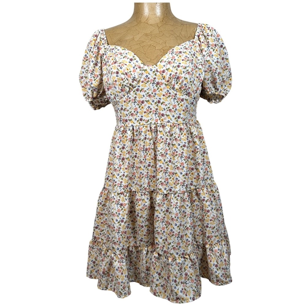 Cottagecore Floral Puff Sleeve Tiered‎ Mini Dress Smocked Back Cream Medium